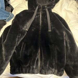 Black fur bomber coat